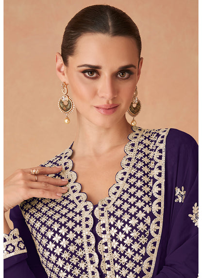 Georgette Violet Wedding Wear Zari Work Readymade Anarkali Gown 386089