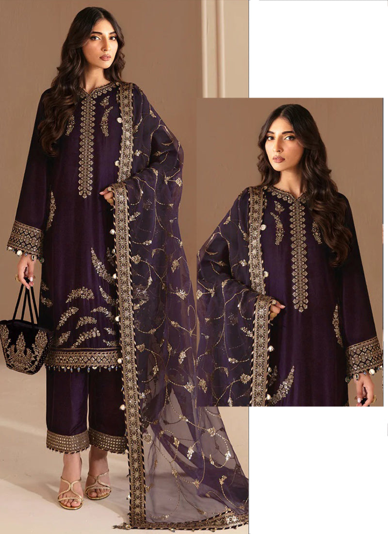Heavy Chinon Violet Eid Wear Zari Work Readymade Pakistani Suit 388182