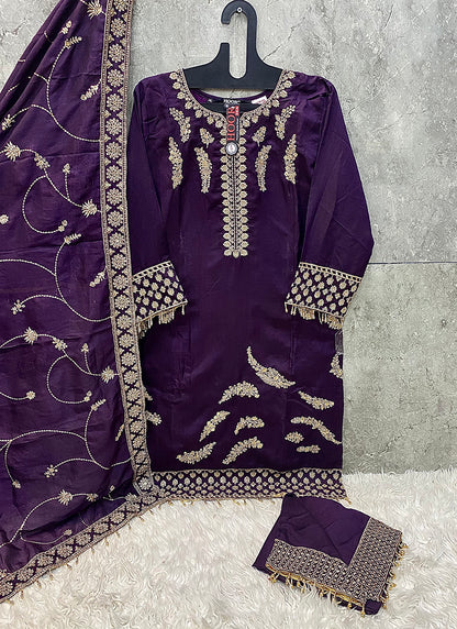 Heavy Chinon Violet Eid Wear Zari Work Readymade Pakistani Suit 388182