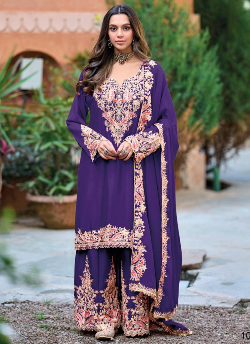 Heavy Chinon Violet Party Wear Embroidery Work Readymade Plazzo Suit 388297