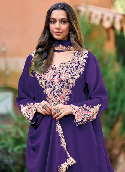 Heavy Chinon Violet Party Wear Embroidery Work Readymade Plazzo Suit 388297