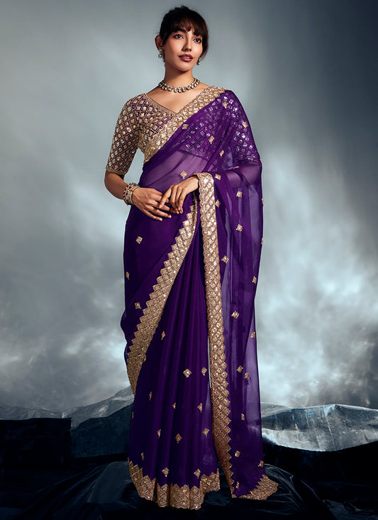 Organza Violet Saree with Sequin Work for Wedding Wear 383021