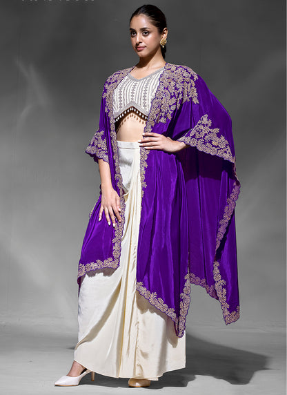 Premium Crepe Violet Party Wear Embroidery Work Readymade Indowestern Suit 388084