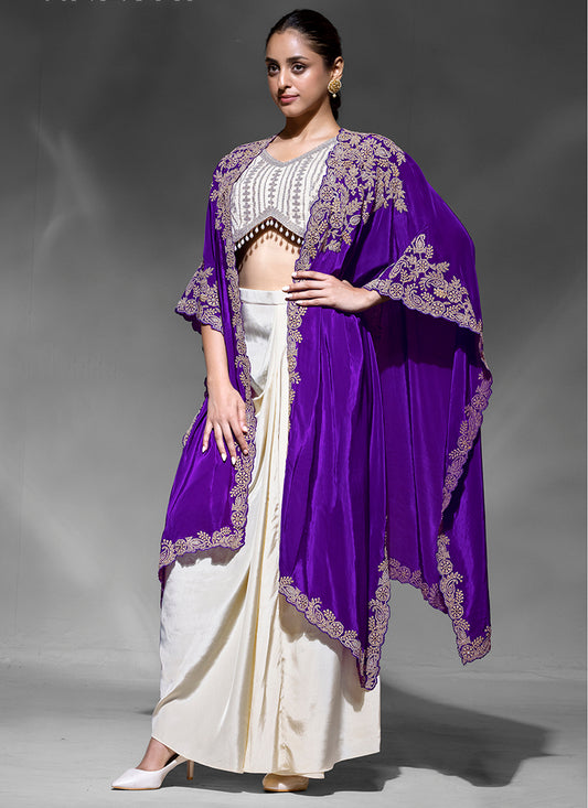 Premium Crepe Violet Party Wear Embroidery Work Readymade Indowestern Suit 388084