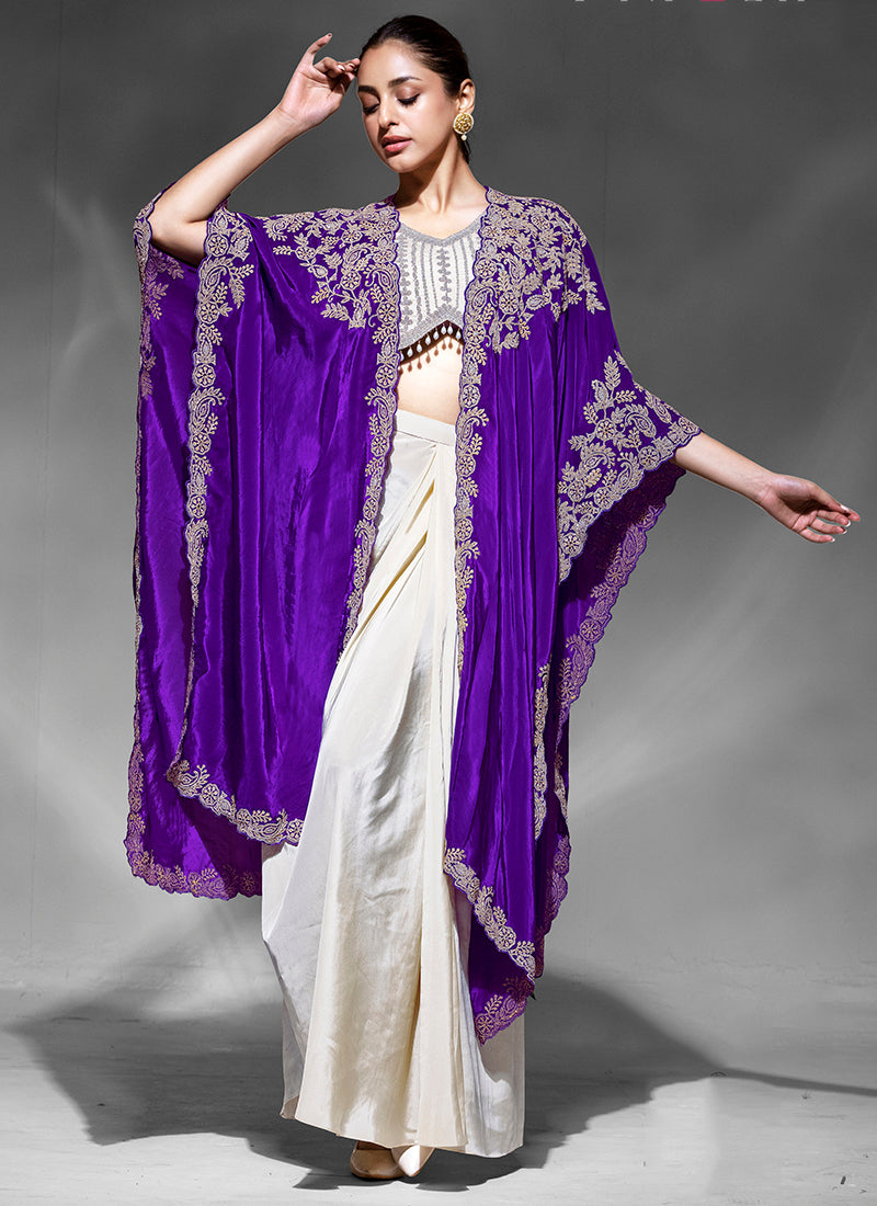Premium Crepe Violet Party Wear Embroidery Work Readymade Indowestern Suit 388084