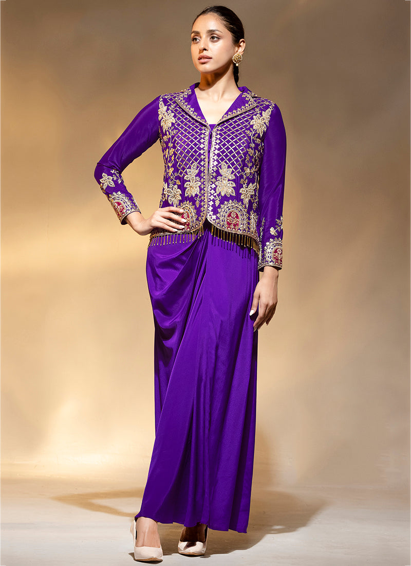 Premium Crepe Violet Party Wear Zari Work Readymade Indowestern Suit 388473