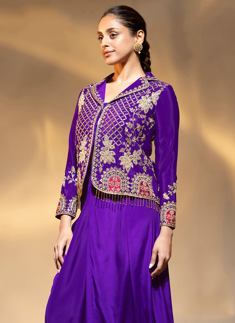 Premium Crepe Violet Party Wear Zari Work Readymade Indowestern Suit 388473