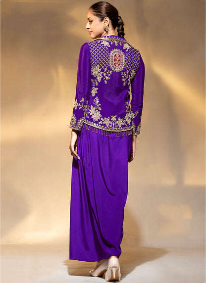 Premium Crepe Violet Party Wear Zari Work Readymade Indowestern Suit 388473