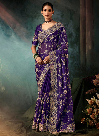 Pure Fancy Violet Bridal Wear Heavy Work Bridal Saree 387353