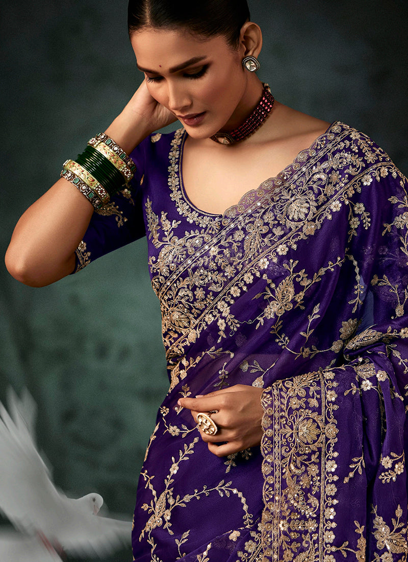 Pure Fancy Violet Bridal Wear Heavy Work Bridal Saree 387353