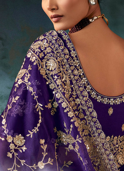 Pure Fancy Violet Bridal Wear Heavy Work Bridal Saree 387353