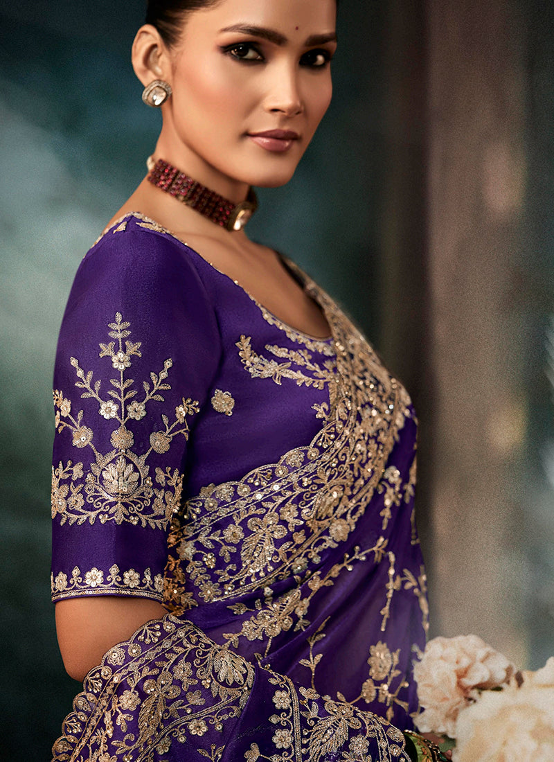 Pure Fancy Violet Bridal Wear Heavy Work Bridal Saree 387353
