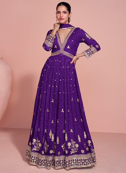 Real Georgette Violet Party Wear Embroidery Work Readymade Anarkali Gown 386702