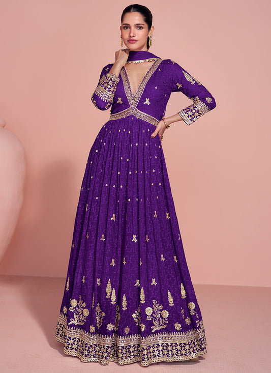 Real Georgette Violet Party Wear Embroidery Work Readymade Anarkali Gown 386702