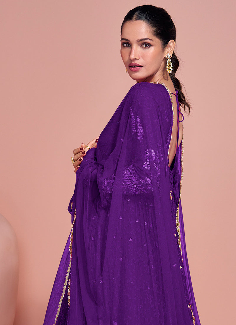Real Georgette Violet Party Wear Embroidery Work Readymade Anarkali Gown 386702