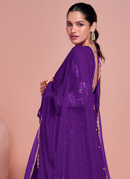 Real Georgette Violet Party Wear Embroidery Work Readymade Anarkali Gown 386702