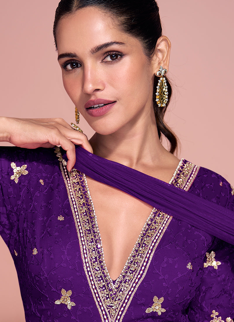 Real Georgette Violet Party Wear Embroidery Work Readymade Anarkali Gown 386702