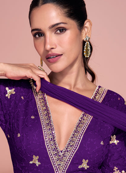 Real Georgette Violet Party Wear Embroidery Work Readymade Anarkali Gown 386702