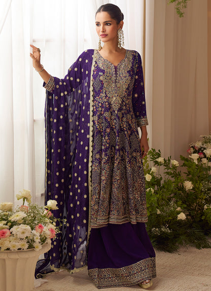 Real Georgette Violet Wedding Wear Embroidery Work Readymade Plazzo Suit 386491