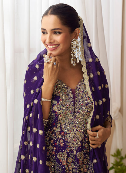 Real Georgette Violet Wedding Wear Embroidery Work Readymade Plazzo Suit 386491