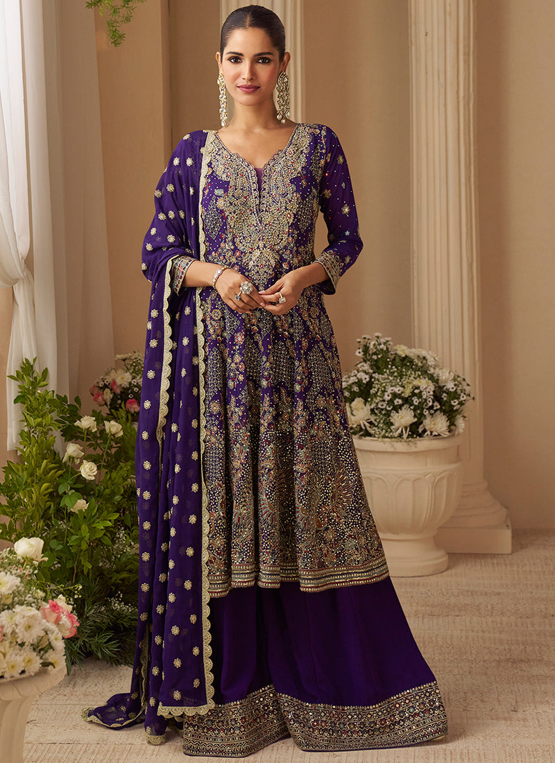 Real Georgette Violet Wedding Wear Embroidery Work Readymade Plazzo Suit 386491