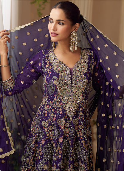 Real Georgette Violet Wedding Wear Embroidery Work Readymade Plazzo Suit 386491