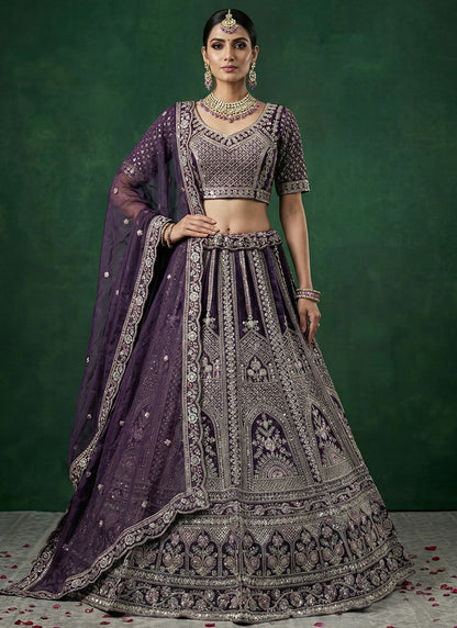 Violet Satin Embroidery Work Bridal Wear Lehenga Choli SW804353