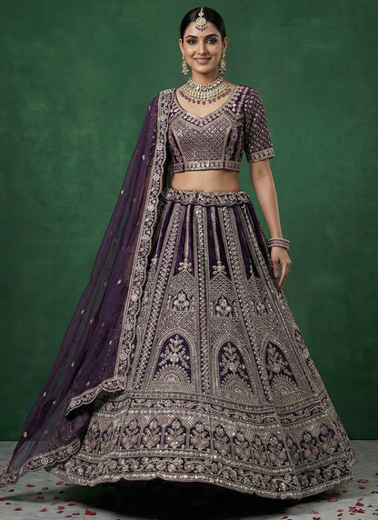 Violet Satin Embroidery Work Bridal Wear Lehenga Choli SW804353