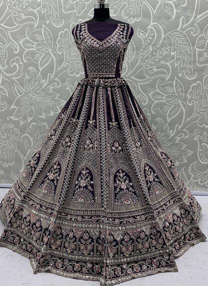 Violet Satin Embroidery Work Bridal Wear Lehenga Choli SW804353