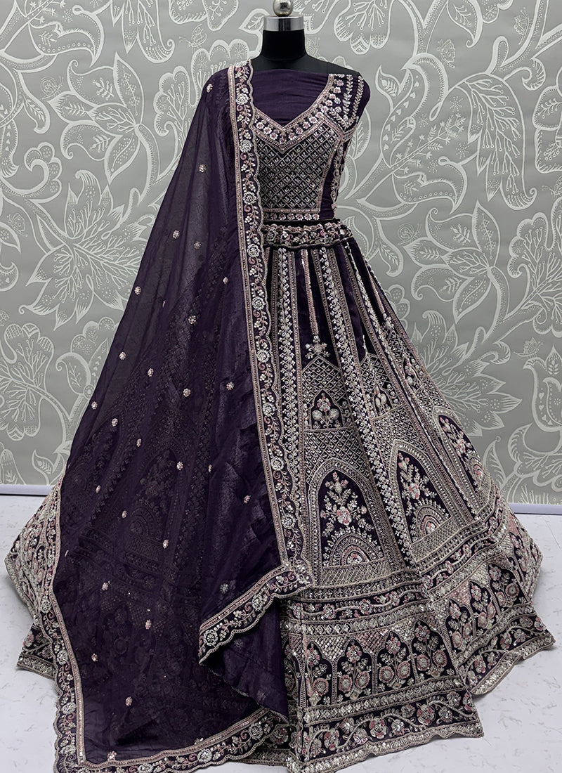 Violet Satin Embroidery Work Bridal Wear Lehenga Choli SW804353