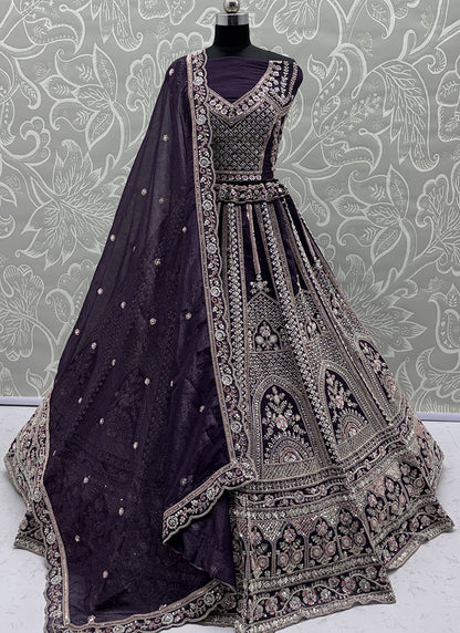 Violet Satin Embroidery Work Bridal Wear Lehenga Choli SW804353