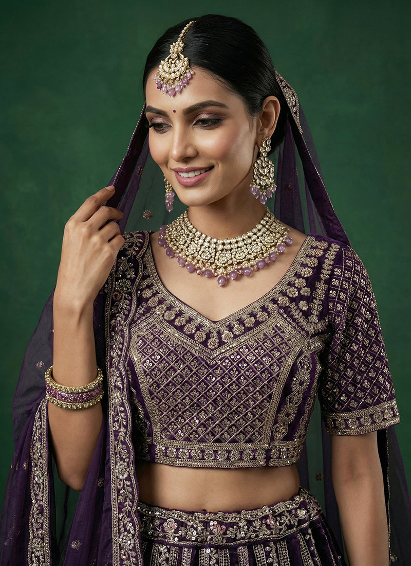 Violet Satin Embroidery Work Bridal Wear Lehenga Choli SW804353