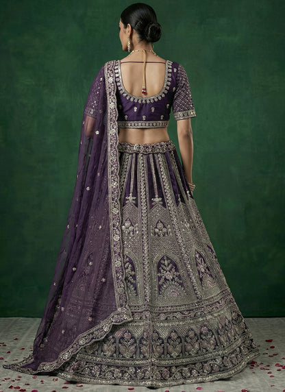 Violet Satin Embroidery Work Bridal Wear Lehenga Choli SW804353