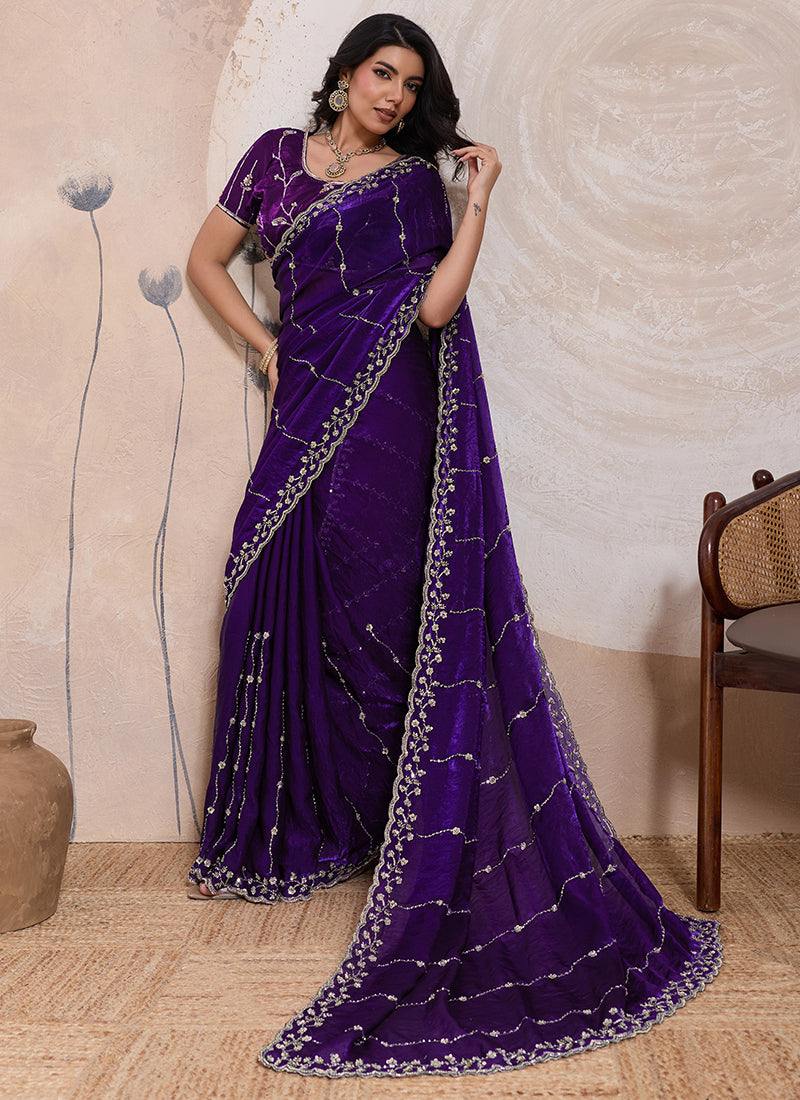 Violet Velvet Satin Beads Work Party Wear Saree SW890808