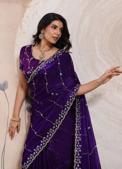 Violet Velvet Satin Beads Work Party Wear Saree SW890808