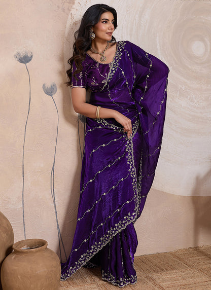 Violet Velvet Satin Beads Work Party Wear Saree SW890808