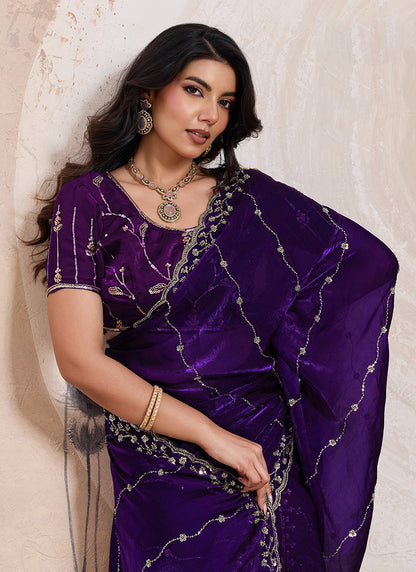 Violet Velvet Satin Beads Work Party Wear Saree SW890808