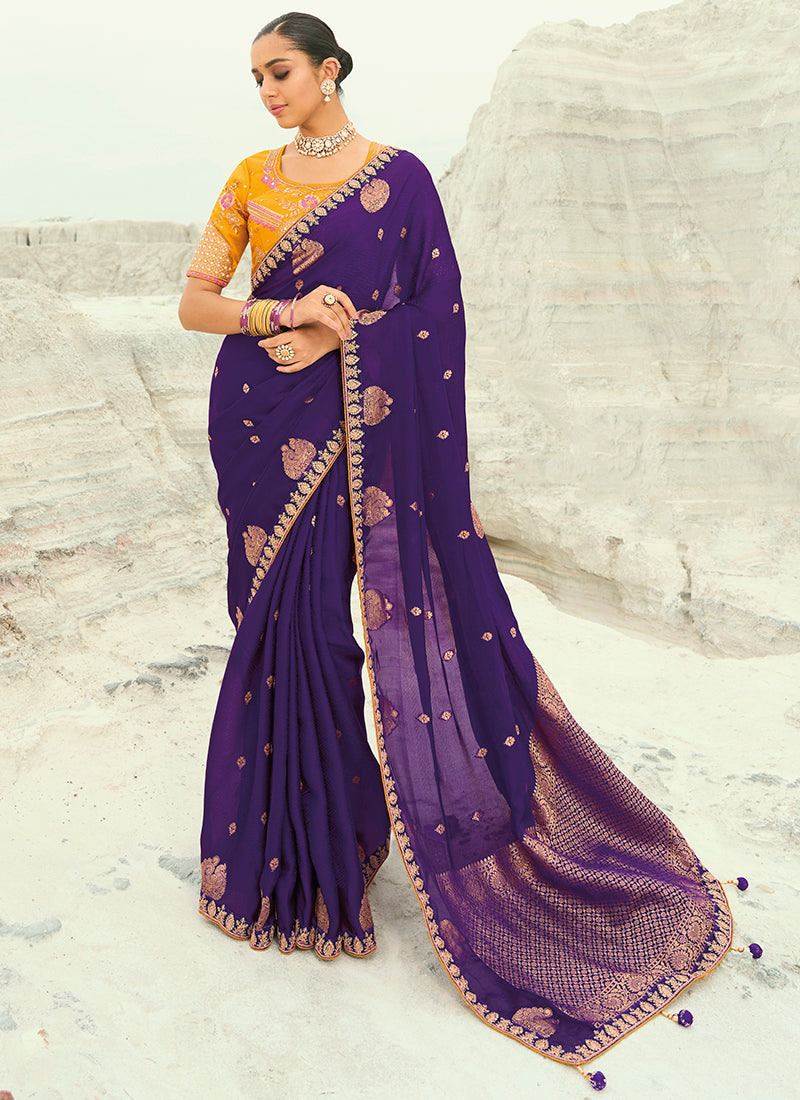 Viscon Satin Violet Wedding Wear Heavy Work Wedding Saree 386452