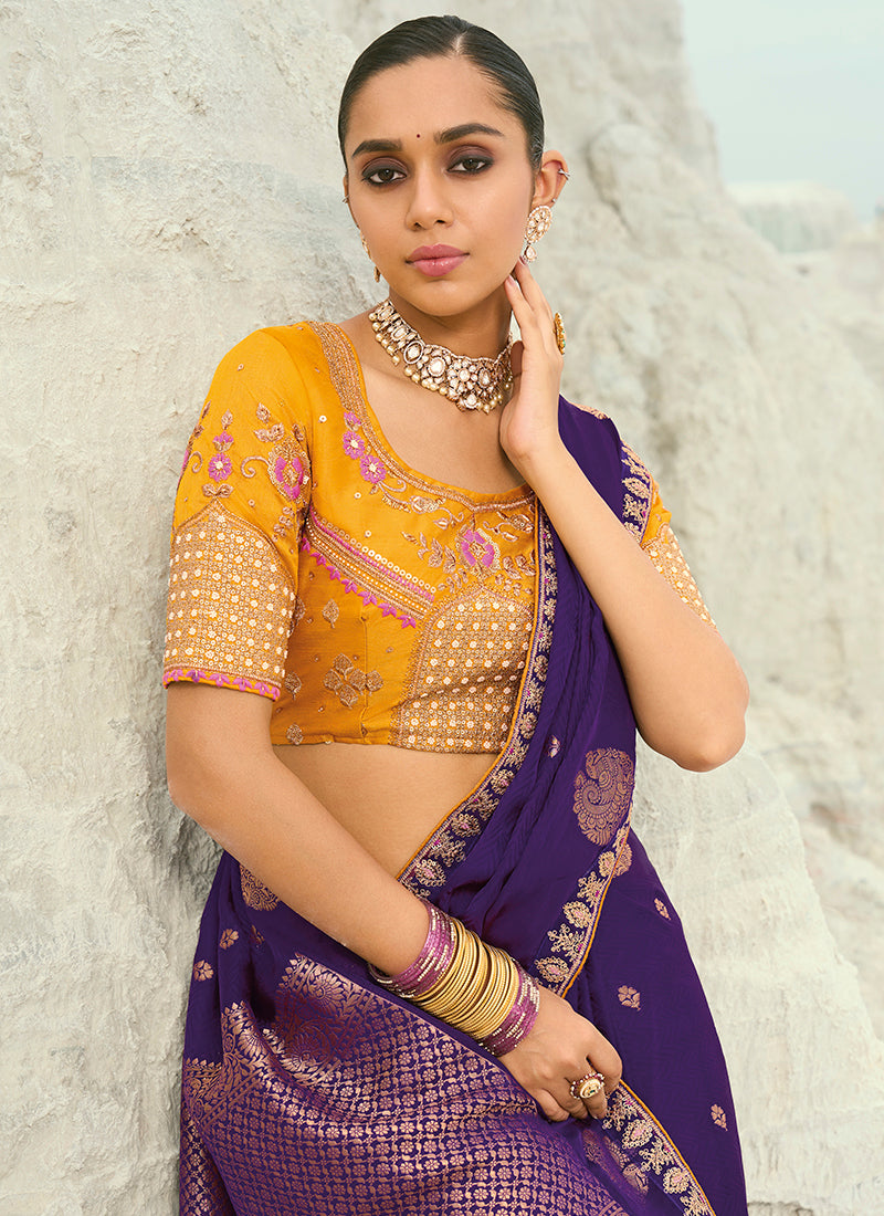 Viscon Satin Violet Wedding Wear Heavy Work Wedding Saree 386452