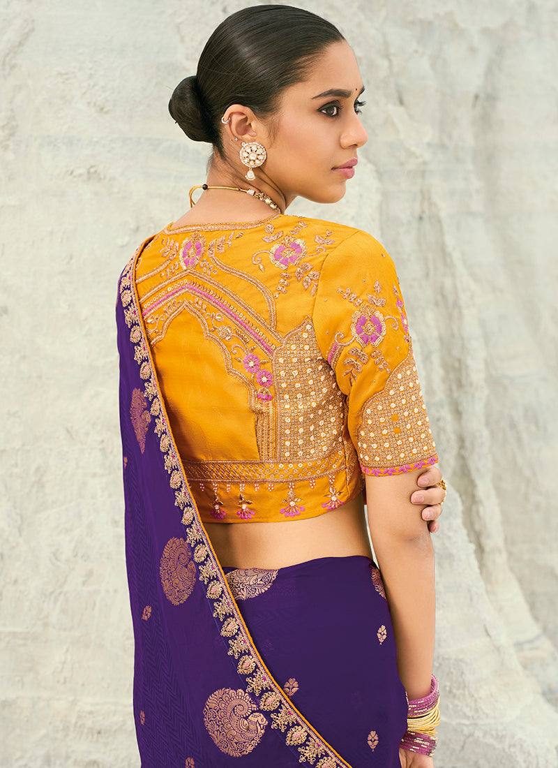 Viscon Satin Violet Wedding Wear Heavy Work Wedding Saree 386452