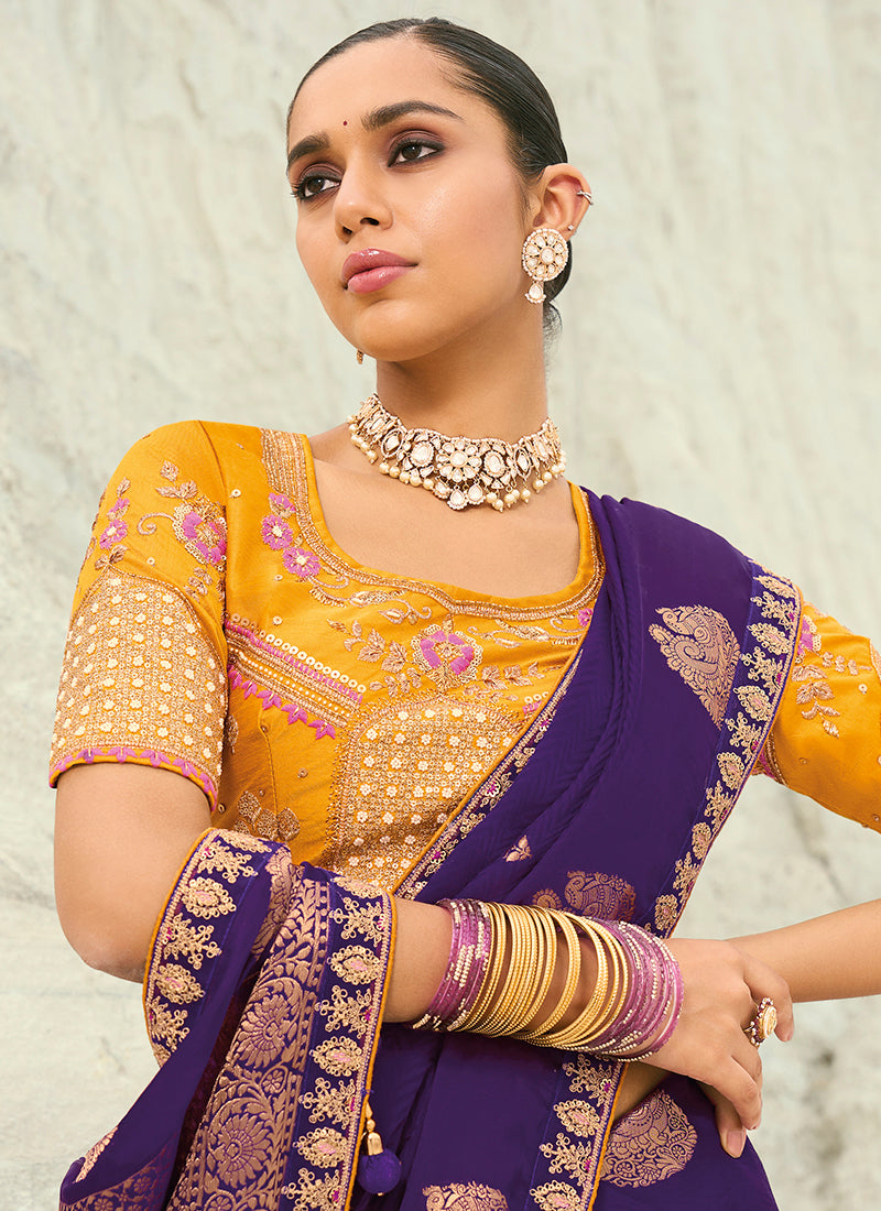 Viscon Satin Violet Wedding Wear Heavy Work Wedding Saree 386452