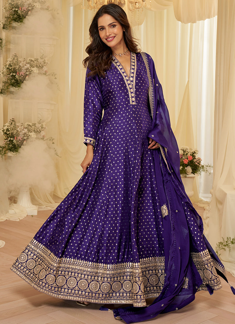 Violet Viscose Sequins Work  Party Wear Readymade Anarkali Suit SW112296