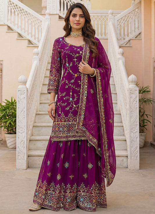 Wine Faux Georgette  Sequins Work  Occasional Wear Readymade Sharara Suit SW158798