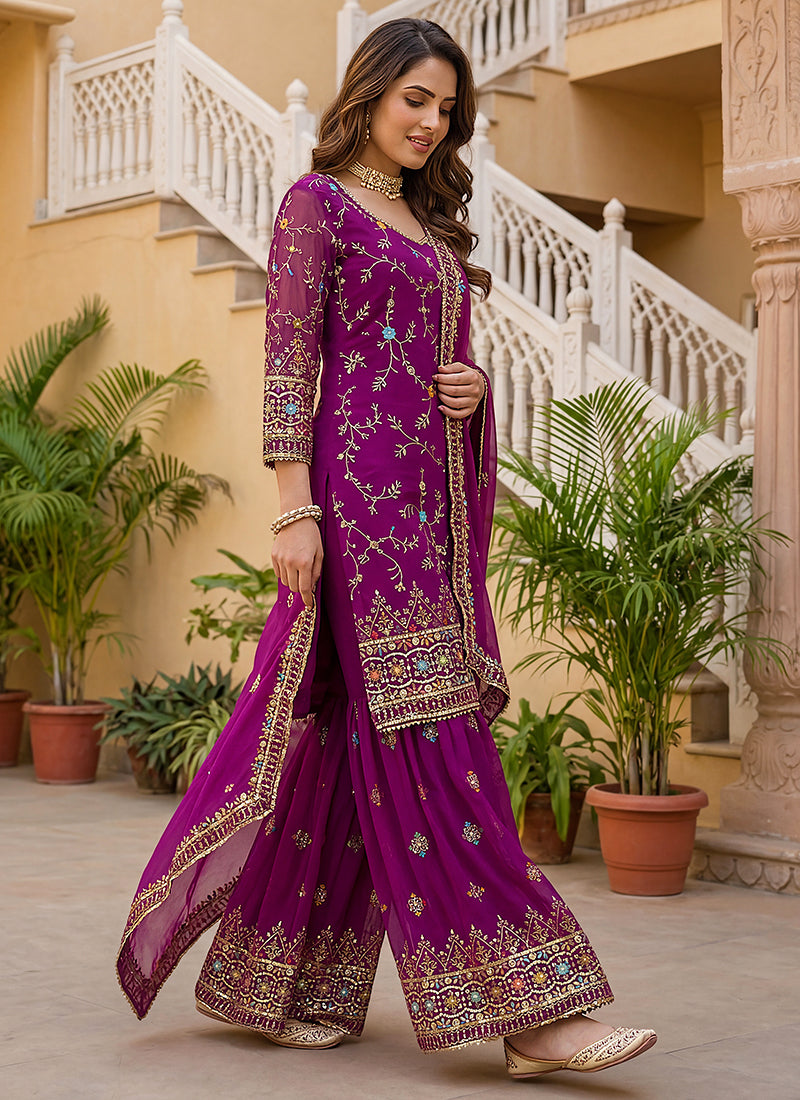 Wine Faux Georgette  Sequins Work  Occasional Wear Readymade Sharara Suit SW158798