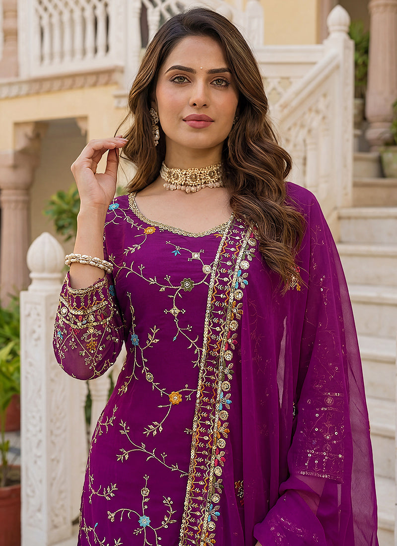 Wine Faux Georgette  Sequins Work  Occasional Wear Readymade Sharara Suit SW158798
