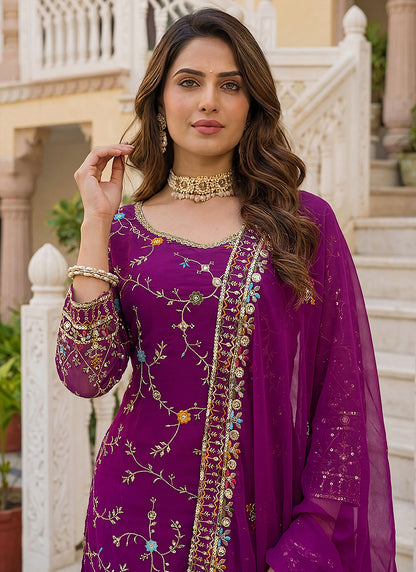 Wine Faux Georgette  Sequins Work  Occasional Wear Readymade Sharara Suit SW158798