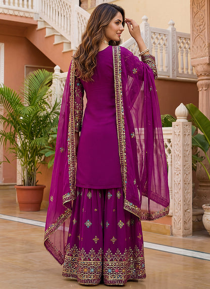 Wine Faux Georgette  Sequins Work  Occasional Wear Readymade Sharara Suit SW158798
