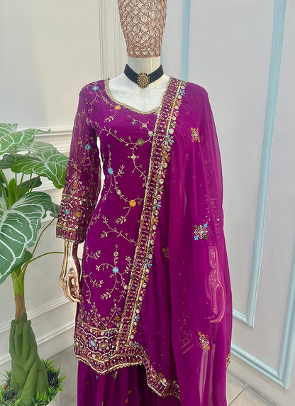 Wine Faux Georgette  Sequins Work  Occasional Wear Readymade Sharara Suit SW158798