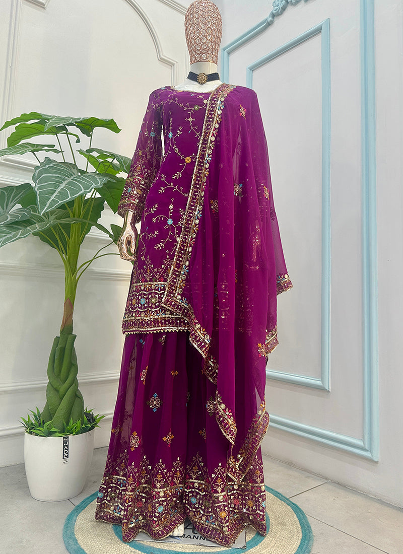 Wine Faux Georgette  Sequins Work  Occasional Wear Readymade Sharara Suit SW158798