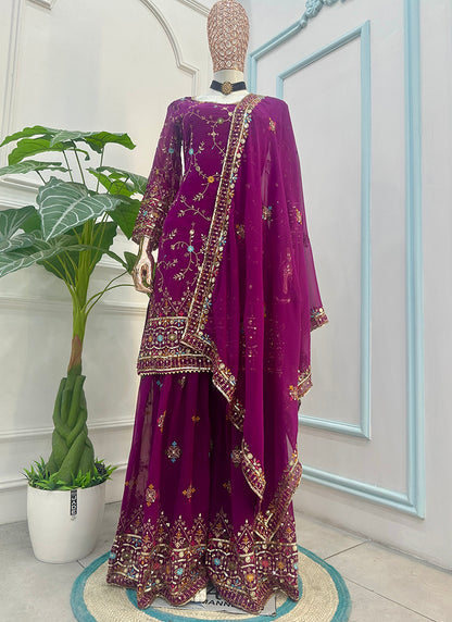 Wine Faux Georgette  Sequins Work  Occasional Wear Readymade Sharara Suit SW158798